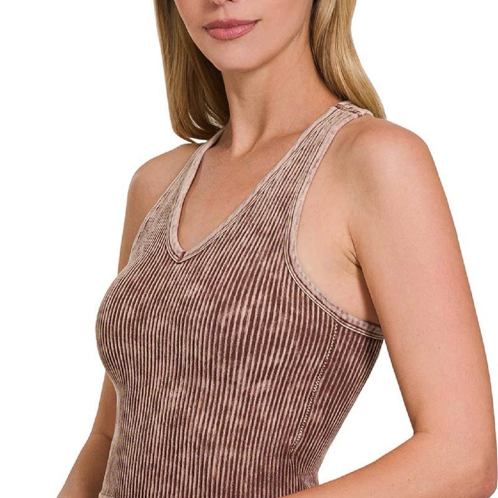 Ribbed V-Neck Tank Top - Brown